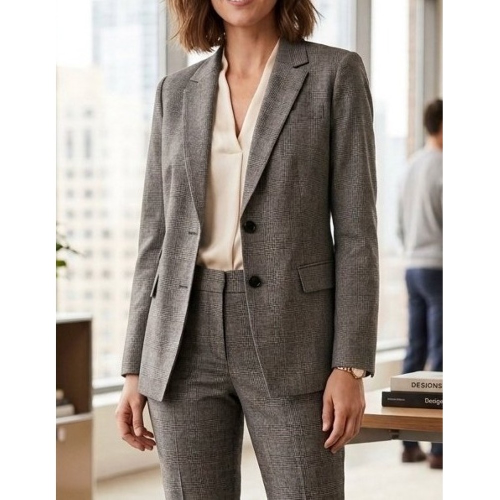 Talbots Woman Petites Wool Blend Glen Plaid Blazer Jacket Grey/White 18WP
